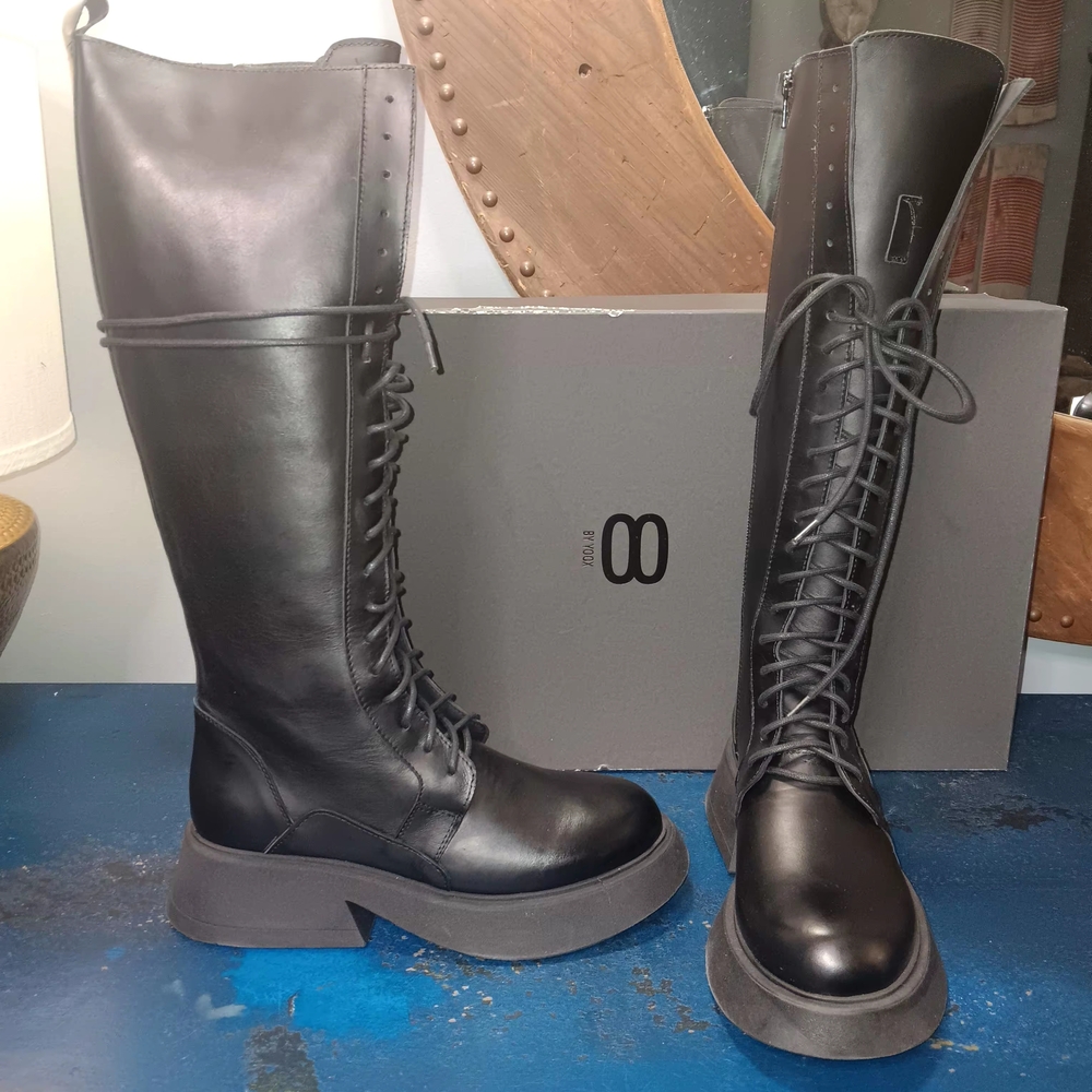 8 Black Lace-Up Knee-High Platform Boots - Women